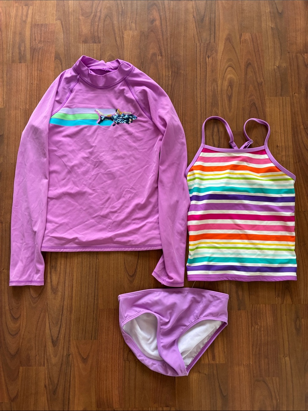 Lands' End Lilac Girls 3-Piece Rash Guard Set with Rainbow Stripe Tankini